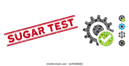 Mosaic valid settings gear pictogram and red Sugar Test seal stamp between double parallel lines. Flat vector valid settings gear mosaic pictogram of scattered rotated rectangular elements.