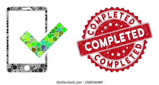 Mosaic valid smartphone and rubber stamp seal with Completed phrase. Mosaic vector is designed with valid smartphone icon and with scattered round elements. Completed stamp seal uses red color,