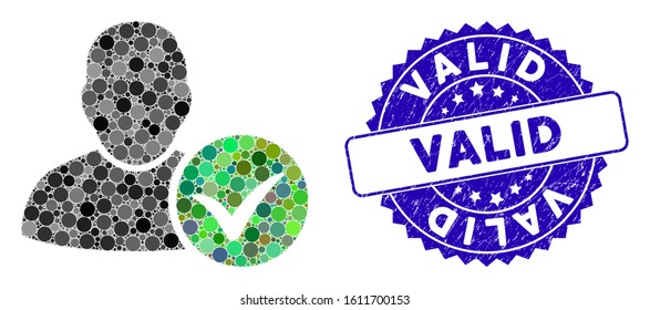 Mosaic valid user icon and grunge stamp seal with Valid caption. Mosaic vector is composed with valid user icon and with randomized round spots. Valid stamp seal uses blue color, and grunged surface.