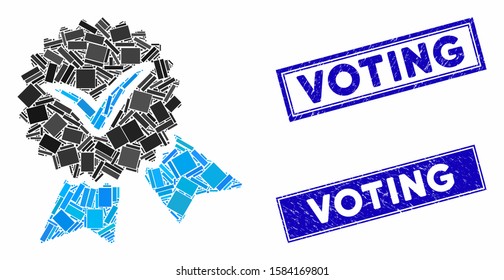 Mosaic validation seal icon and rectangle Voting rubber prints. Flat vector validation seal mosaic icon of random rotated rectangle elements. Blue Voting rubber stamps with rubber textures.