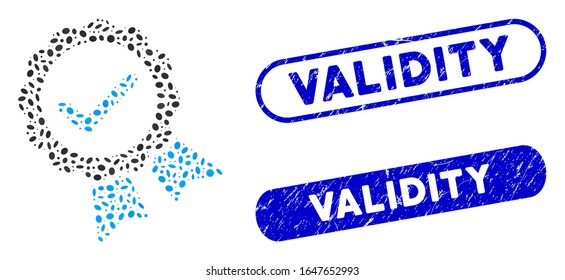 Sello de validez mosaico y sellos de sellado corroídos con texto Validez. El sello de validez vectorial mosaico está compuesto por elementos elípticos aleatorios. Los sellos de sello de validez utilizan color azul,