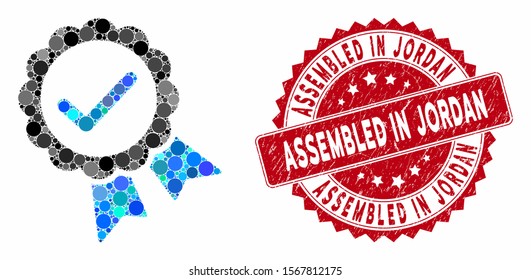 Mosaic validity seal and rubber stamp seal with Assembled in Jordan caption. Mosaic vector is composed with validity seal icon and with scattered spheric elements.