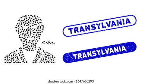 Mosaic vampire and rubber stamp seals with Transylvania text. Mosaic vector vampire is created with scattered oval spots. Transylvania stamp seals use blue color, and have round rectangle shape.