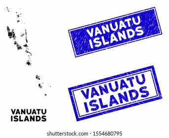 Mosaic Vanuatu Islands map and rectangle stamps. Flat vector Vanuatu Islands map mosaic of randomized rotated rectangle items. Blue caption seal stamps with rubber texture.