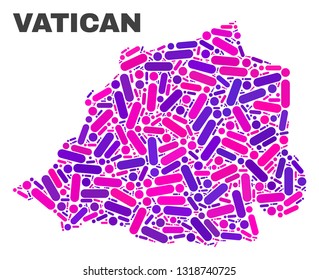 Mosaic Vatican map isolated on a white background. Vector geographic abstraction in pink and violet colors. Mosaic of Vatican map combined of scattered round points and lines.