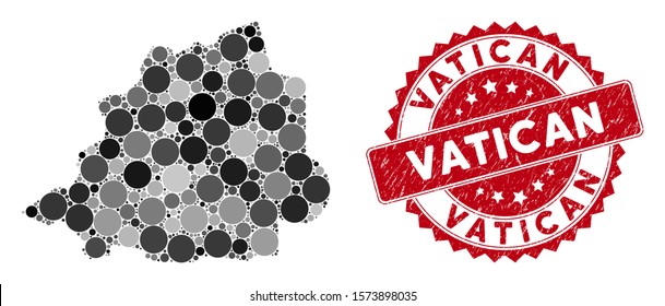 Mosaic Vatican map and round seal stamp. Flat vector Vatican map mosaic of randomized round items. Red seal stamp with rubber style. Designed for political and patriotic promotion.