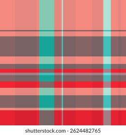 Vector de mosaico a cuadros sin costuras, tela geométrica tartán a cuadros. Patrón de fondo de textura de tela parcial en paleta de colores rojo y pastel.