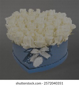  Mosaic vector illustration of a heart shaped gift box with white roses and silver bow, on a dark textured background.  Suitable for floral, romantic or gift box designs.