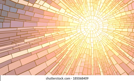 Mosaic Vector Illustration Of Sun Rays, Stained Glass Window.