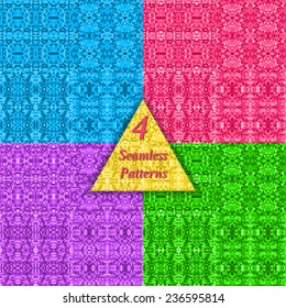 Mosaic vector seamless pattern. Vector pixel background. Set of abstract colorful patterns. Bright illustration. Pink, blue, green and purple colors.