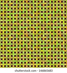 Mosaic vector seamless pattern. Varied green, yellow and orange tints on dark vinous background ornament. Stylized flat design