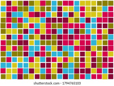Mosaic from vector squares filled with blue, red, pink yellow, green and different sized white borders  for  web, cover, presentation, social media, technology, wrapping paper, art, etc. backgrounds
