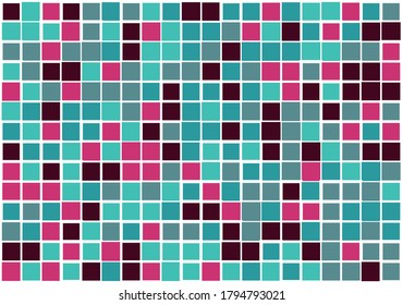 Mosaic from vector squares filled with turquoise, pink,green and different sized white borders  for  web, cover, presentation, social media, technology, wrapping paper, art, etc. backgrounds