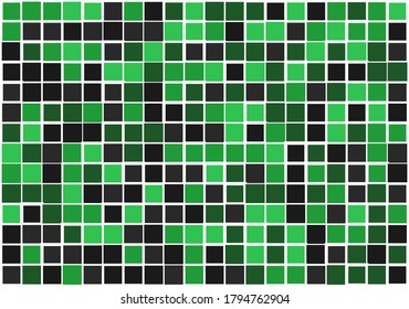 Mosaic from vector squares with green shades and black and different sized white borders for futuristic web, cover, presentation, social media, wrapping paper, art, etc. backgrounds