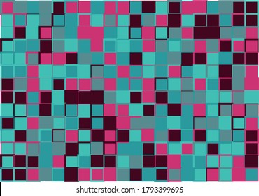 Mosaico de cuadrados vectoriales con colores rosa, verde, turquesa y negro con bordes de diferentes tamaños en colores similares para web, cubierta, presentación, papel de envoltura social, arte, etc.