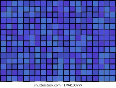 Mosaic from vector squares with trendy blue shades and different sized black borders for futuristic web, cover, presentation, social media, wrapping paper, art, etc. backgrounds