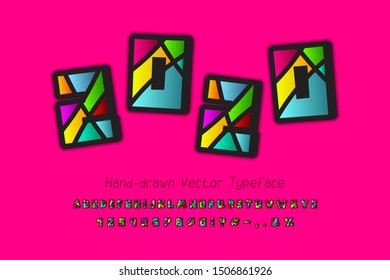 Mosaic vector typeface. Colorful uppercase English alphabet letters and numbers. Funny multicolor typeface for Christmas and Holiday design