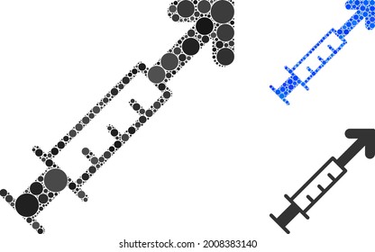 Mosaic vector vaccine icon composed of circle elements in variable sizes, positions and proportions. Blue and original versions of vector vaccine icon.