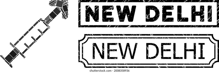 Mosaic vector vaccine organized from rectangle items, and black grunge New Delhi rectangle badge with notches. Vector rectangle items are organized into abstract collage vector vaccine icon.