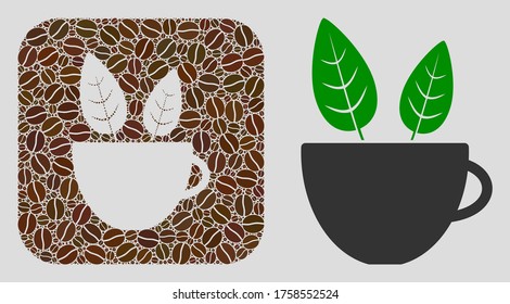 Mosaic vegan cafe from coffee beans and basic icon. Stencil mosaic vegan cafe is created with coffee beans. Abstract vector illustrations elements for cafe illustrations.