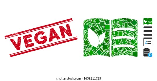 Mosaic vegan menu pictogram and red Vegan stamp between double parallel lines. Flat vector vegan menu mosaic pictogram of scattered rotated rectangle elements.