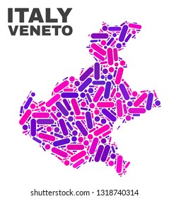 Mosaic Veneto region map isolated on a white background. Vector geographic abstraction in pink and violet colors. Mosaic of Veneto region map combined of random circle dots and lines.