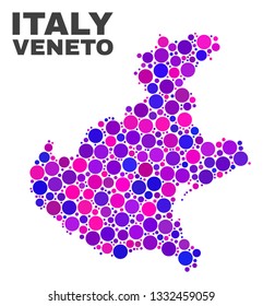 Mosaic Veneto region map isolated on a white background. Vector geographic abstraction in pink and violet colors. Mosaic of Veneto region map combined of scattered round dots.