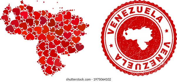 Mosaic Venezuela map designed with red love hearts, and corroded seal. Vector lovely round red rubber seal imitation with Venezuela map inside.