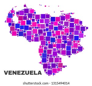 Mosaic Venezuela map isolated on a white background. Vector geographic abstraction in pink and violet colors. Mosaic of Venezuela map combined of random square elements.