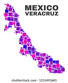 Mosaic Veracruz State map isolated on a white background. Vector geographic abstraction in pink and violet colors. Mosaic of Veracruz State map combined of random square items.