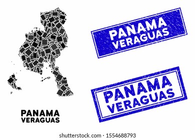 Mosaic Veraguas Province map and rectangular rubber prints. Flat vector Veraguas Province map mosaic of randomized rotated rectangular elements. Blue caption rubber seals with dirty surface.