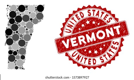 Mosaic Vermont State map and circle stamp. Flat vector Vermont State map mosaic of scattered circle items. Red rubber seal with distress texture. Designed for political and patriotic posters.