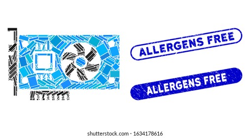 Mosaic Video Accelerator Card And Rubber Stamp Seals With Allergens Free Text. Mosaic Vector Video Accelerator Card Is Designed With Randomized Rectangle Items.