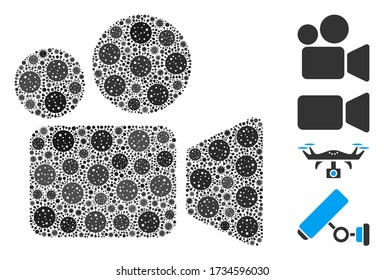 Mosaic video camera composed of SARS virus items in random sizes and color hues. Vector viral icons are organized into abstract mosaic video camera icon. Some bonus icons are added.