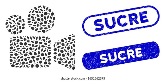 Mosaic video camera and corroded stamp watermarks with Sucre text. Mosaic vector video camera is composed with random elliptic elements. Sucre stamp seals use blue color,