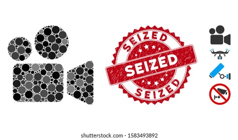 Mosaic video camera icon and distressed stamp seal with Seized phrase. Mosaic vector is composed from video camera icon and with random spheric spots. Seized stamp seal uses red color,