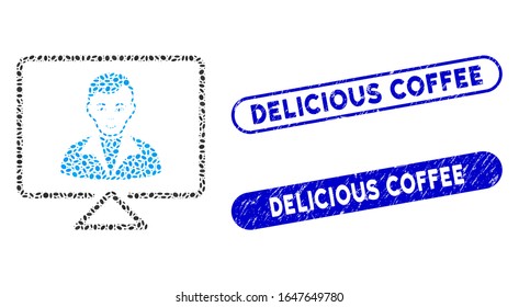 Mosaic video contact and grunge stamp seals with Delicious Coffee phrase. Mosaic vector video contact is composed with randomized oval items. Delicious Coffee stamp seals use blue color,