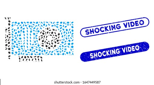 Mosaic video GPU card and grunge stamp seals with Shocking Video caption. Mosaic vector video GPU card is composed with random elliptic parts. Shocking Video stamp seals use blue color,