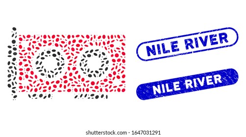 Mosaic video graphics card and distressed stamp seals with Nile River text. Mosaic vector video graphics card is formed with random elliptic parts. Nile River stamp seals use blue color,