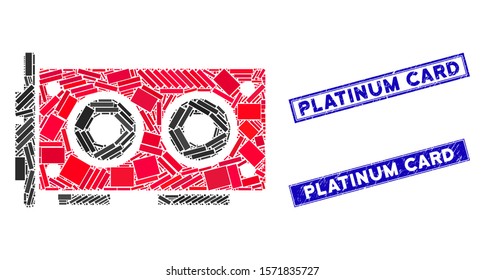 Mosaic video graphics card icon and rectangle Platinum Card stamps. Flat vector video graphics card mosaic icon of randomized rotated rectangle items.