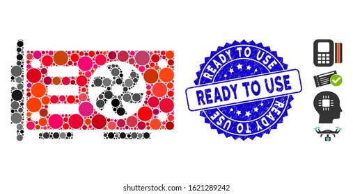 Mosaic video graphics GPU card icon and grunge stamp seal with Ready to Use caption. Mosaic vector is created from video graphics GPU card icon and with randomized round spots.