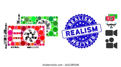 Mosaic video graphics GPU cards icon and distressed stamp seal with Realism caption. Mosaic vector is designed with video graphics GPU cards pictogram and with scattered round elements.