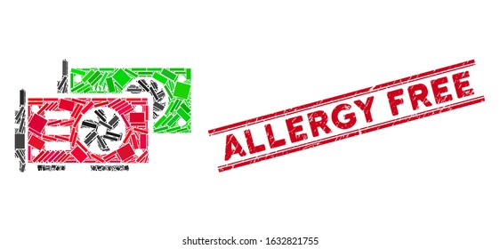 Mosaic video graphics GPU cards pictogram and red Allergy Free stamp between double parallel lines. Flat vector video graphics GPU cards mosaic pictogram of randomized rotated rectangular elements.
