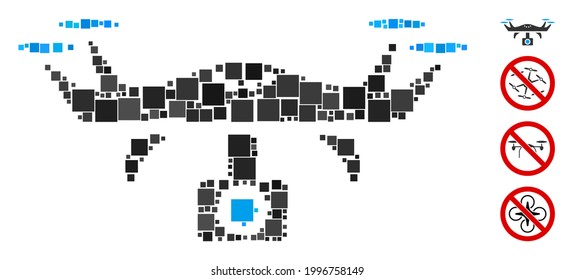 Mosaic Video spy copter icon organized from square items in variable sizes and color hues. Vector square items are organized into abstract mosaic video spy copter icon. Bonus pictograms are placed.