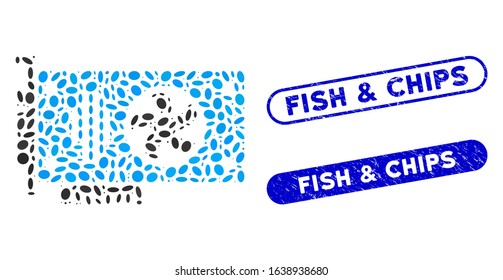 Mosaic videocard and corroded stamp seals with Fish & Chips phrase. Mosaic vector videocard is composed with random elliptic elements. Fish & Chips stamp seals use blue color,