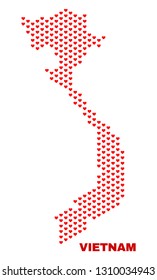Mosaic Vietnam map of heart hearts in red color isolated on a white background. Regular red heart pattern in shape of Vietnam map. Abstract design for Valentine decoration.