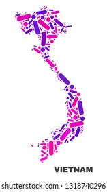 Mosaic Vietnam map isolated on a white background. Vector geographic abstraction in pink and violet colors. Mosaic of Vietnam map combined of random circle dots and lines.