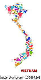 Mosaic Vietnam map of triangles in bright colors isolated on a white background. Triangular collage in shape of Vietnam map. Abstract design for patriotic illustrations.