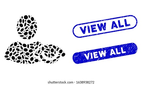 Mosaic view and corroded stamp seals with View All text. Mosaic vector view is created with random ellipse elements. View All seals use blue color, and have round rectangle shape.