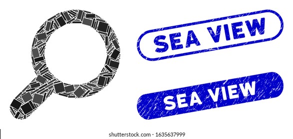 Mosaic view and distressed stamp seals with Sea View caption. Mosaic vector view is created with randomized rectangle items. Sea View seals use blue color, and have round rectangle shape.